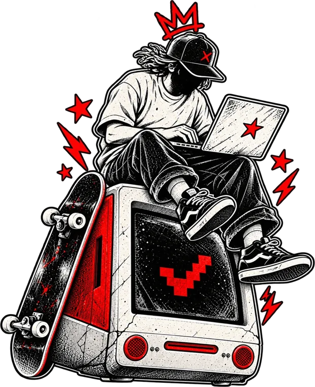 Скейтер с ноутбуком сидит на ретро-компьютере